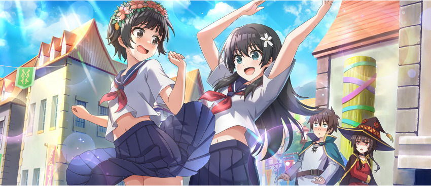 1boy 3girls :d arm_across_waist arms_up belt belt_collar black_cloak black_hair black_hat blue_eyes blue_sailor_collar blue_skirt blue_sky blunt_bangs blush breasts brown_belt brown_eyes brown_hair building cape cloak clothes_lift cloud cloudy_sky collar collarbone crossover day dress flower flower_wreath from_below furrowed_brow game_cg green_cape green_eyes hair_flower hair_ornament hair_over_shoulder hands_up hat head_wreath highres kono_subarashii_sekai_ni_shukufuku_wo! konosuba!_fantastic_days lifting_another&#039;s_clothes long_hair long_sleeves looking_at_another looking_back medium_breasts medium_skirt megumin multiple_girls navel neckerchief nose_blush official_art open_mouth outdoors pleated_skirt red_dress red_eyes red_neckerchief road sailor_collar sailor_shirt sakugawa_school_uniform saten_ruiko satou_kazuma school_uniform serafuku shaded_face shirt short_hair short_hair_with_long_locks short_sleeves sidelocks skirt skirt_flip skirt_lift sky small_breasts smile street summer_uniform sunlight toaru_kagaku_no_railgun toaru_majutsu_no_index triangle_mouth uiharu_kazari white_flower white_shirt witch_hat