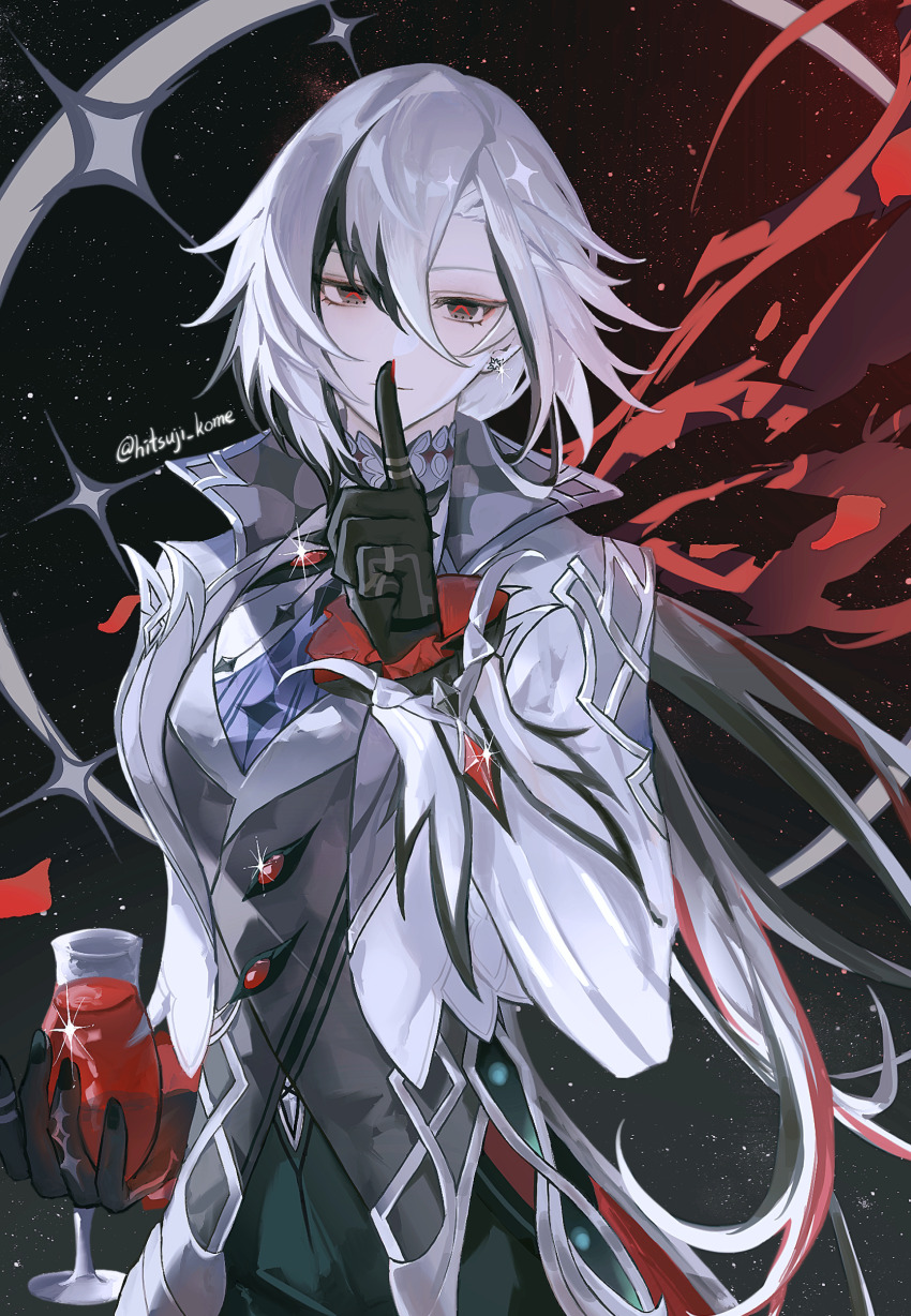 1girl 329kome absurdres arlecchino_(genshin_impact) black_background black_hands black_nails chinese_commentary closed_mouth collared_jacket colored_extremities covering_own_mouth cup drinking_glass ear_piercing fingernails formal_clothes frilled_sleeves frills genshin_impact glint green_pants grey_hair grey_jacket grey_suit grey_vest hair_between_eyes hair_flowing_over hand_over_own_mouth hand_up hands_up head_tilt high_collar highres hitsuji_kome holding holding_cup index_finger_raised jacket jewelry lofter_username long_hair long_sleeves looking_at_viewer low_ponytail multicolored_clothes multicolored_hair night night_sky pants piercing ponytail red_pupils ring sharp_fingernails single_wing sky solo standing star_(sky) starry_sky streaked_hair suit suit_jacket symbol-shaped_pupils upper_body vest wide_sleeves wings x-shaped_pupils x_x