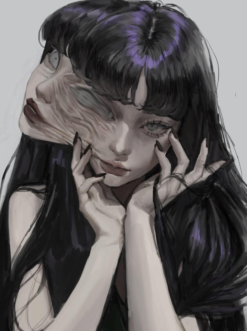 1girl black_hair black_nails blue_eyes body_horror closed_mouth conjoined extra_ears extra_faces extra_mouth eyelashes fingernails flesh hands_on_own_face highres lips long_eyelashes long_hair looking_at_viewer makeup mole mole_under_eye mutation pale_skin parted_bangs parted_lips portrait realistic simple_background solo surreal tomie whoisluvme