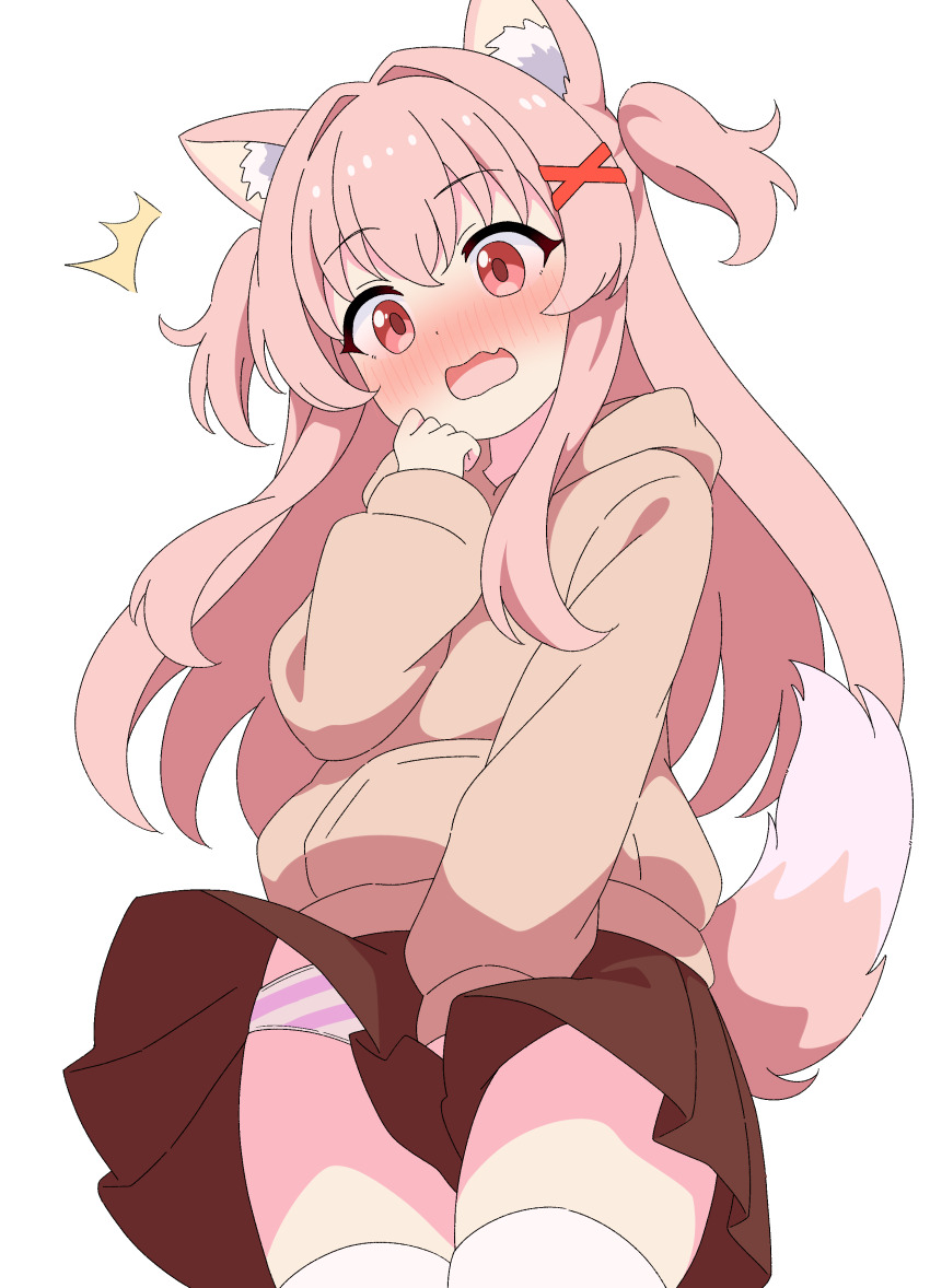 1girl ^^^ absurdres animal_ear_fluff animal_ears anime_coloring blush brown_hood brown_hoodie brown_skirt commentary_request covering_crotch covering_privates cowboy_shot curled_fingers embarrassed fox_ears fox_girl hair_between_eyes hair_intakes hair_ornament hand_up highres hood hood_down hoodie long_hair long_sleeves looking_down nose_blush open_mouth original panties pink_hair pink_panties pink_tail pleated_skirt pocket red_eyes simple_background skirt sleeves_past_wrists solo standing striped_clothes striped_panties tail_raised thighhighs thighs two-tone_panties two_side_up underwear white_background white_panties white_thighhighs x_hair_ornament yuu-chan_(inugamikenoy) yuu-kun_(inugamikenoy)