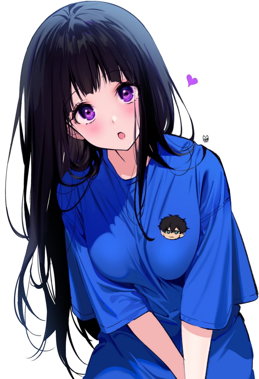 1girl :o alternate_costume artist_logo black_hair blue_eyes blue_shirt blush breasts chitanda_eru head_tilt highres hyouka large_breasts leaning_forward logo long_hair mery_(yangmalgage) oreki_houtarou purple_eyes shirt short_sleeves simple_background solo