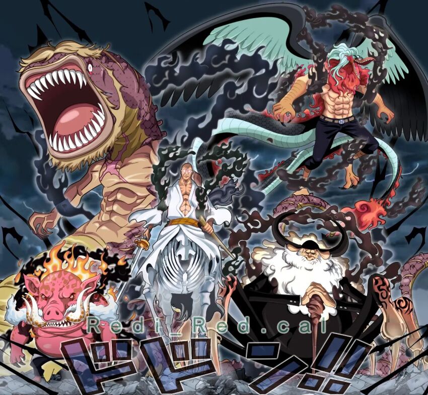 5boys artist_name bakotsu_(youkai) bald beard dragon_tail ethan-baron_v._nusjuro facial_hair feathered_wings fire glasses hagoromo highres holding holding_staff holding_sword holding_weapon horns horse itsumade_(youkai) jaygarcia_saturn long_beard male_focus marcus_mars monster_boy multiple_boys muscular muscular_male mustache one_piece open_mouth outdoors pig_boy redi_red.cal robe scar scar_on_chest sharp_teeth shawl shepherd_ju_peter skeleton spider_boy staff sword tail teeth topman_warcury torn_clothes tusks ushi-oni_(youkai) weapon white_robe wings worm