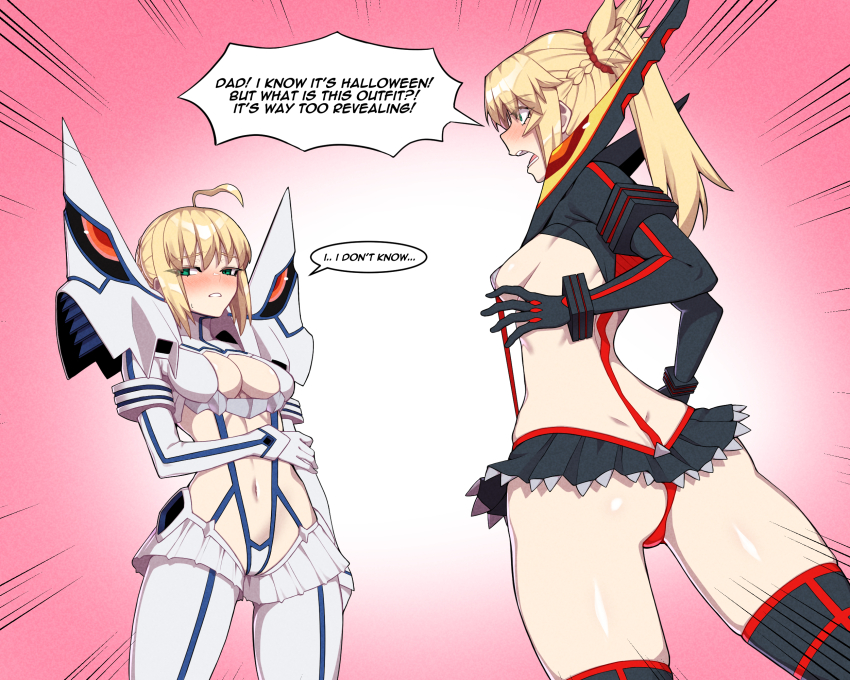 2girls ahoge artoria_pendragon_(fate) ass blonde_hair blush braid breasts cosplay dimples_of_venus embarrassed fate/grand_order fate_(series) gloves green_eyes hair_ornament highres hyperbudd junketsu junketsu_(cosplay) kiryuuin_satsuki kiryuuin_satsuki_(cosplay) long_hair matoi_ryuuko matoi_ryuuko_(cosplay) medium_breasts midriff mordred_(fate) mother_and_daughter multiple_girls navel pear-shaped_figure ponytail red_scrunchie revealing_clothes saber_(fate) scrunchie senketsu senketsu_(cosplay) short_hair showgirl_skirt skindentation speech_bubble suspenders thighhighs thighs