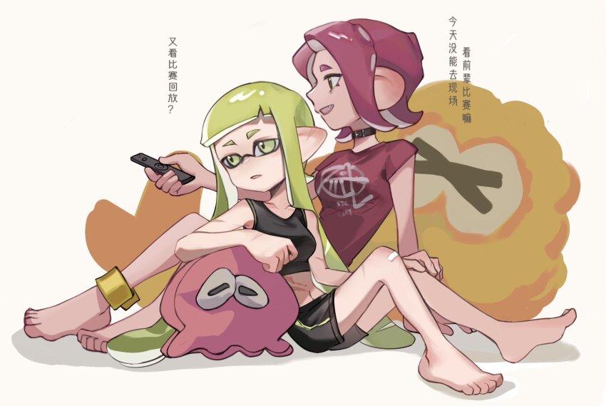 2girls :d agent_3_(splatoon) agent_8_(splatoon) bandage_on_knee barefoot belt_collar black_collar black_shorts black_sports_bra breasts chinese_commentary chinese_text collar collarbone controller fang feiguasang green_eyes green_hair hand_on_own_knee highres holding holding_remote_control inkling inkling_girl inkling_player_character long_hair medium_breasts multiple_girls navel nintendo octoling octoling_girl octoling_player_character open_mouth pink_hair pointy_ears red_shirt remote_control scar scar_on_arm scar_on_ear scar_on_hand scar_on_leg scar_on_stomach shadow shirt short_hair short_sleeves shorts sideways_mouth simple_background sitting smile splatoon_(series) sports_bra stuffed_squid stuffed_toy suction_cups tentacle_hair translation_request white_background yellow_eyes