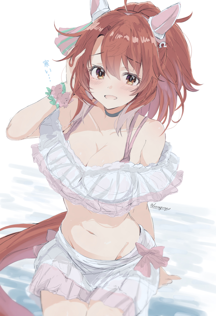 1girl ahoge alternate_costume animal_ears blush breasts brown_eyes brown_hair cleavage collarbone commentary_request dantsu_flame_(umamusume) groin hair_between_eyes hair_ornament highres horse_ears horse_girl horse_tail kannagiray large_breasts looking_at_viewer navel open_mouth solo swimsuit tail twitter_username umamusume white_background