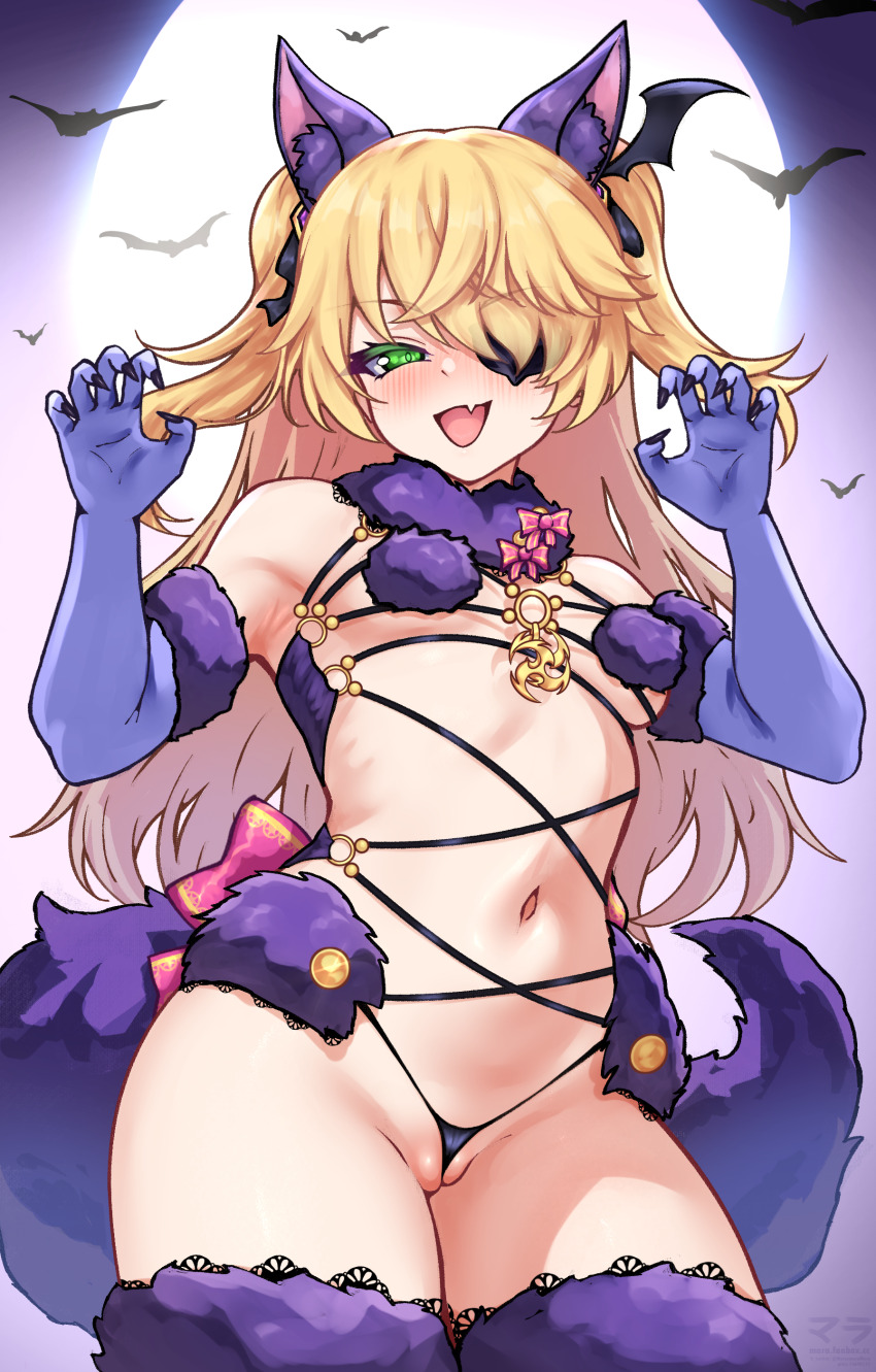 1girl :d absurdres animal_ear_fluff animal_ears blonde_hair breasts claw_pose cleft_of_venus commentary cosplay cowboy_shot elbow_gloves english_commentary eyepatch fang fate/grand_order fate_(series) fischl_(genshin_impact) frontal_wedgie fur-trimmed_gloves fur-trimmed_thighhighs fur_collar fur_trim genshin_impact gloves green_eyes hands_up highres long_hair mash_kyrielight mash_kyrielight_(dangerous_beast) mash_kyrielight_(dangerous_beast)_(cosplay) matsumaramara navel open_mouth purple_gloves purple_thighhighs pussy revealing_clothes skin_fang small_breasts smile solo tail thighhighs two_side_up wedgie