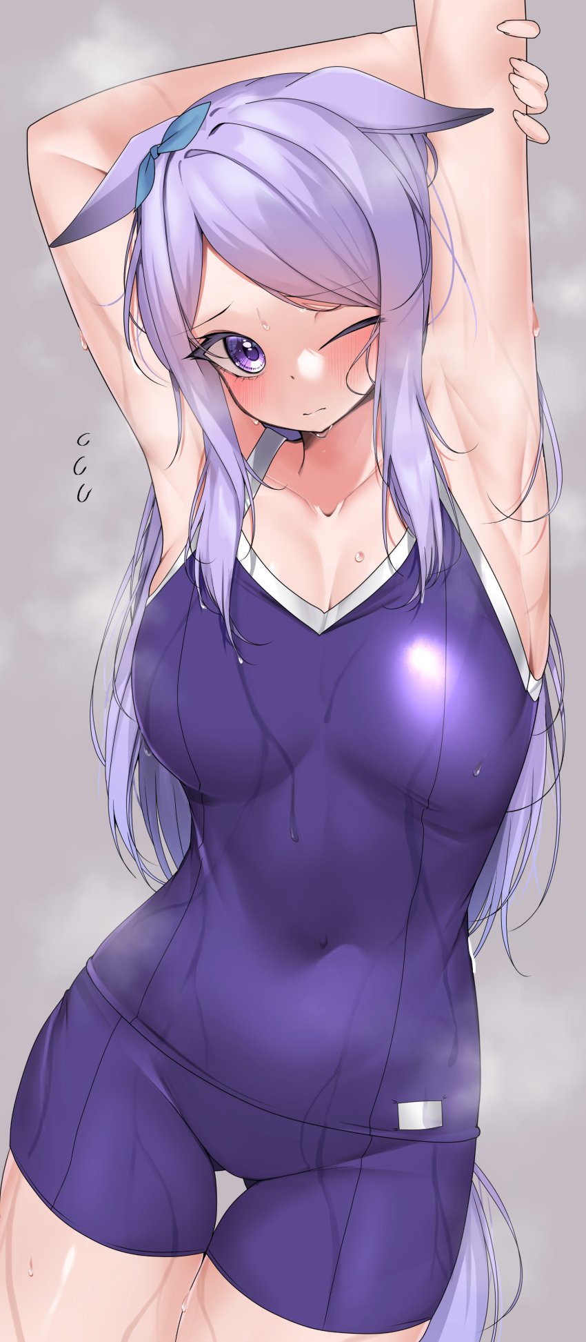 1girl absurdres animal_ears arms_up blue_one-piece_swimsuit blush closed_mouth colored_eyelashes commentary_request competition_school_swimsuit covered_navel fingernails flying_sweatdrops gluteal_fold grey_background hair_ribbon highres holding_own_arm horse_ears horse_girl horse_tail kshimu legs_together long_fingernails long_hair looking_at_viewer mejiro_mcqueen_(umamusume) one-piece_swimsuit parted_bangs purple_eyes purple_hair raised_eyebrows ribbon school_swimsuit simple_background solo standing steaming_body stretching swept_bangs swimsuit tail thigh_gap thighs umamusume