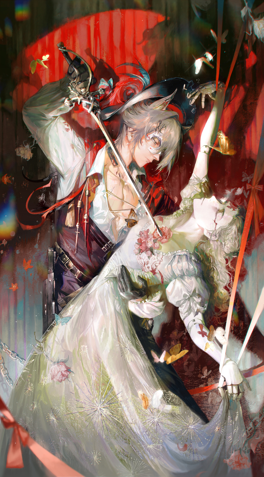 1boy 1girl absurdres animal_ears arknights black_gloves black_headwear black_pants blood bloody_tears bug butterfly cape cat_boy cat_ears commentary curtains dancing daylightallure dipping doll_joints dress english_commentary flower gloves grey_hair half_mask hand_on_another&#039;s_back hat_feather high-waist_pants highres holding holding_sword holding_weapon insect joints long_hair long_sleeves looking_at_another mask open_clothes open_shirt pants phantom_(arknights) phantom_(focus)_(arknights) rapier red_cape red_flower red_rose rose shadow shirt short_hair spotlight stab sword toned toned_male wavy_hair weapon white_dress white_shirt