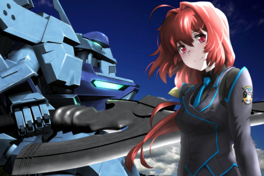 1girl 3d_background ahoge assault_visor black_shirt blue_necktie blush breasts cloud collared_shirt floating_hair genya_(genya67) grey_jacket hair_intakes hair_ribbon highres holding holding_sword holding_weapon jacket kagami_sumika looking_at_viewer low_ponytail mecha medium_breasts muv-luv muv-luv_alternative muv-luv_alternative_(anime) necktie ponytail red_eyes red_hair ribbon robot science_fiction shinta867 shirt sky smile sword tactical_surface_fighter type_94_shiranui weapon yellow_ribbon
