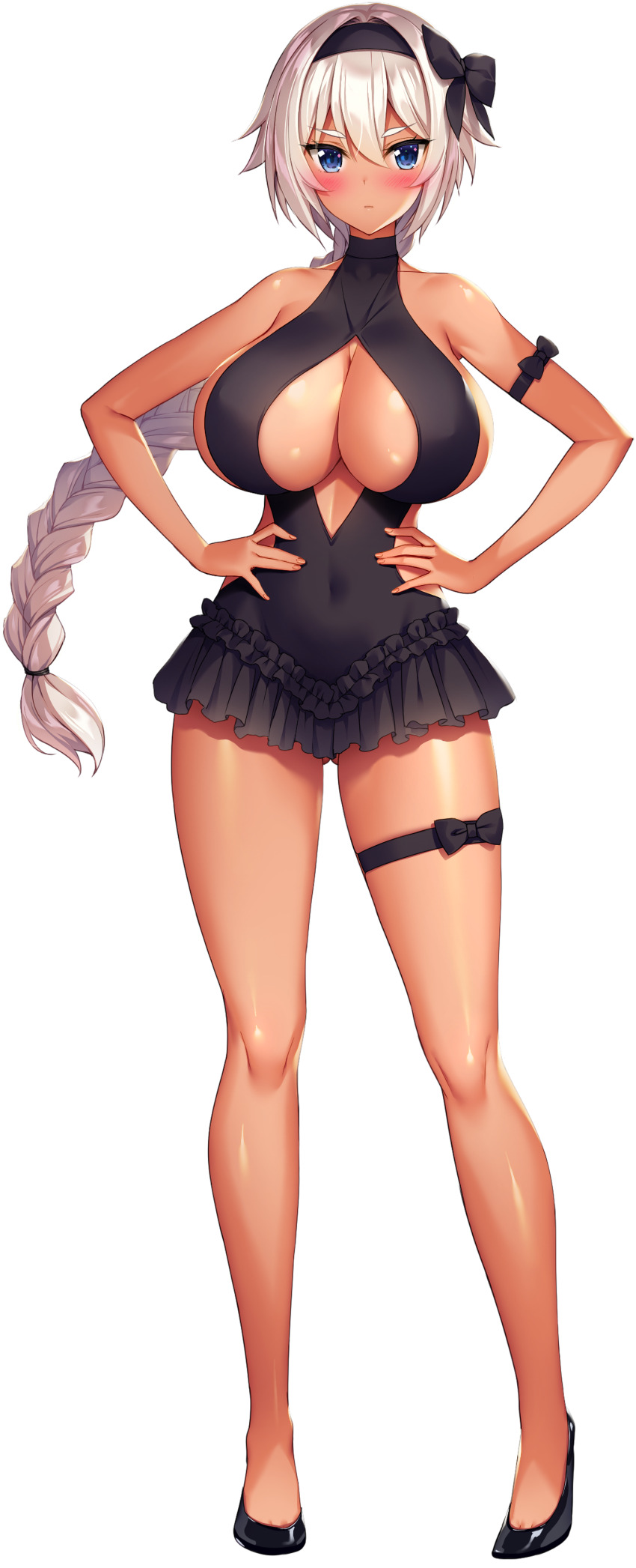 1girl absurdres ass black_dress black_hairband black_shoes blue_eyes blush braid braided_ponytail breasts cleavage cleavage_cutout closed_mouth clothing_cutout covered_navel dark-skinned_female dark_elf dark_skin derauea dress elf frilled_dress frills frown full_body game_cg gluteal_fold hair_ribbon hairband hands_on_own_hips high_heels highres huge_breasts large_breasts long_hair looking_at_viewer milk_factory motto!_haramase!_honoo_no_oppai_chou_ero_appli_gakuen! non-web_source official_art pointy_ears ribbon shoes sideboob single_braid solo tachi-e thick_eyebrows thigh_strap transparent_background white_hair