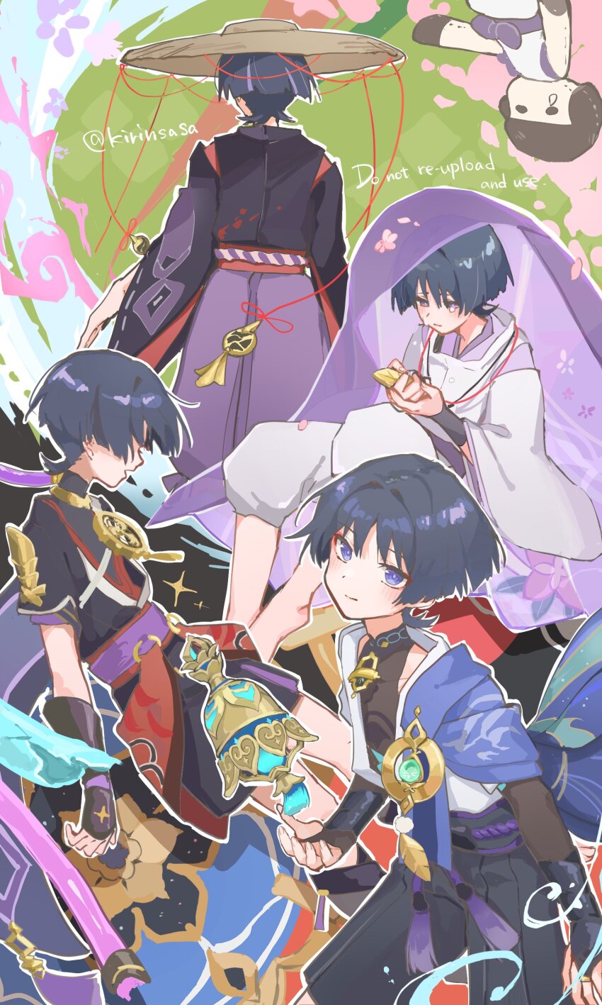 4boys absurdres armor arms_at_sides belt black_belt black_bodysuit black_hair black_kimono black_shorts blue_cape blue_hat blunt_ends bodysuit bridal_gauntlets bright_pupils brown_hat cable cape closed_mouth clothing_cutout covered_collarbone curled_fingers doll eyeliner eyeshadow falling_petals feathers fingernails floating floating_object floating_weapon floral_print gem genshin_impact gold green_gemstone hair_intakes hair_over_eyes hakama hakama_shorts han&#039;eri hat heart highres holding holding_feather ichimegasa japanese_armor japanese_clothes jewelry jingasa kariginu kimono kote kurokote kuronushi_(genshin_impact) layered_clothes layered_kimono layered_shorts layered_sleeves long_sleeves looking_at_object looking_at_viewer looking_to_the_side makeup mandarin_collar mitsudomoe_(shape) multicolored_hair multiple_boys multiple_persona neck_ring o-ring open_clothes open_hand open_kimono open_mouth own_hands_together pants petals pink_sleeves pink_veil pom_pom_(clothes) purple_eyes purple_kimono purple_pants purple_rope purple_sash purple_shorts purple_sleeves purple_veil red_eyeliner red_eyeshadow red_kimono red_sash rope sasa_kirin sash scaramouche_(genshin_impact) scaramouche_(kabukimono)_(genshin_impact) shimenawa short_sleeves shorts shoulder_cutout shoulder_peek smile straw_hat streaked_hair teardrop tears tomoe_(symbol) tulaytullah&#039;s_remembrance_(genshin_impact) twitter_username two-sided_veil unworn_hat unworn_headwear veil vision_(genshin_impact) wanderer_(genshin_impact) white_kimono white_pants white_pupils white_rope white_sleeves white_trim wide_sleeves yellow_feathers