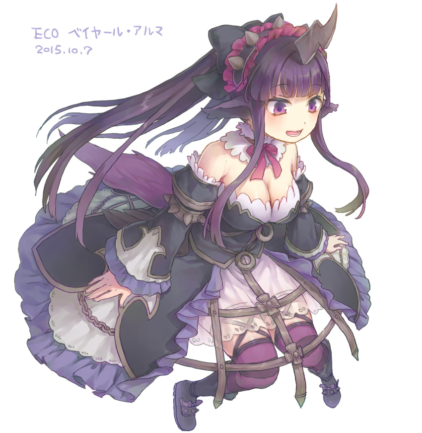 1girl bare_shoulders beyaert_alma black_dress boots breasts character_name cleavage dated dress emil_chronicle_online frilled_dress frilled_hairband frills hairband highres horns horse_girl large_breasts long_hair miya8111 open_mouth purple_eyes purple_hair purple_thighhighs striped_clothes striped_thighhighs thighhighs white_background