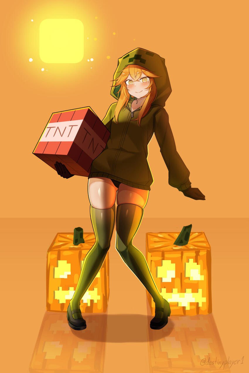 absurdres creeper cupa_(at2.) destinyplayer1 explosive green_panties highres hood hoodie jack-o&#039;-lantern looking_at_viewer orange_hair panties smile tnt tnt_block_(minecraft) underwear