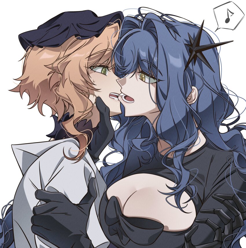 2girls absurdres arcana_(reverse:1999) biting_own_lip black_dress black_gloves black_hat blonde_hair blue_hair breasts cleavage commentary_request dress druvis_iii gloves green_eyes hand_on_another&#039;s_neck hat highres jacket korean_commentary large_breasts long_hair medium_hair multiple_girls musical_note open_mouth reverse:1999 saliva simple_background spoken_musical_note sweatdrop unhyang white_background white_jacket yellow_eyes yuri