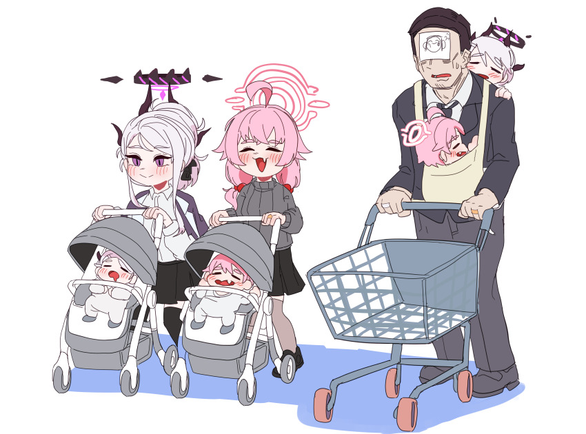 1boy 6+girls absurdres alternate_hairstyle baby blue_archive blush closed_eyes closed_mouth collared_shirt commentary demon_horns doodle_sensei_(blue_archive) english_commentary fang grey_hair hair_bobbles hair_bun hair_ornament halo highres hina_(blue_archive) horns hoshino_(blue_archive) long_sleeves low_twintails lulubelleiii monochrome multiple_girls nervous_sweating open_mouth pants pink_hair polygamy purple_eyes sensei_(blue_archive) shirt shopping_cart sketch skirt slit_pupils smile stroller sweat sweater twintails