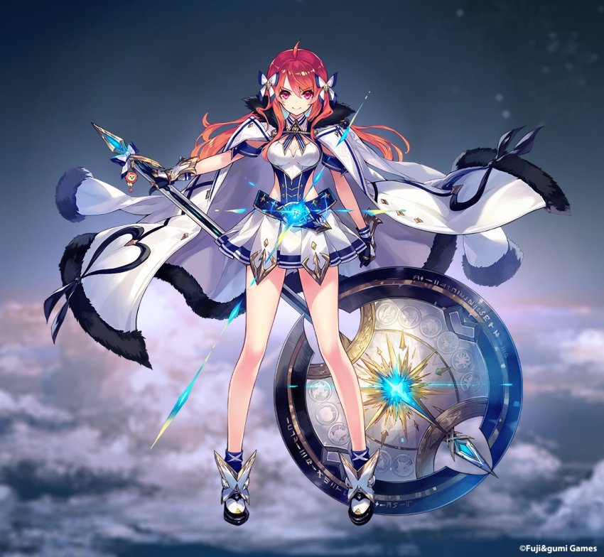 1girl axe blurry blurry_background bow breasts charm_(object) cleavage cleavage_cutout clothing_cutout cloud collar detached_sleeves fur_trim gloves hair_bow heart hercule_(phantom_of_the_kill) huge_weapon jacket jacket_on_shoulders lion medium_breasts miniskirt official_art phantom_of_the_kill red_eyes red_hair side_cutout skirt sky star_(sky) starry_sky stuffed_toy weapon weapon_charm