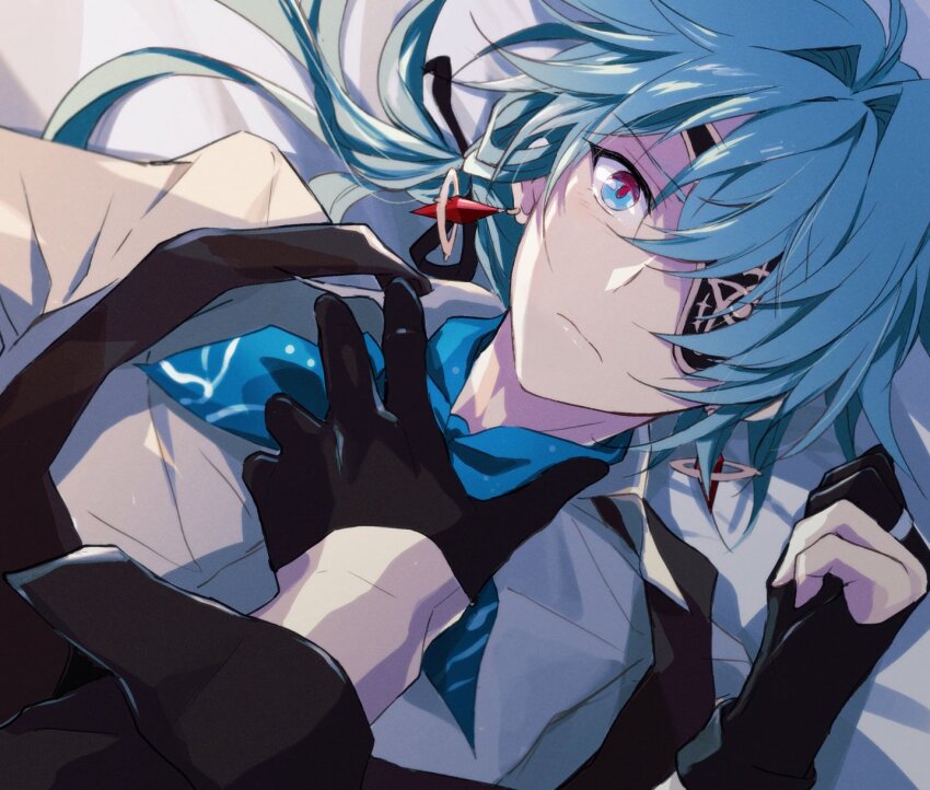 2boys anaxa_(honkai:_star_rail) anaxa_(ingenuity)_(honkai:_star_rail) apron aqua_hair black_gloves blue_eyes blue_neckerchief brown_apron earrings eyepatch food-themed_earrings gloves half_gloves highres honkai:_star_rail honkai_(series) jewelry looking_at_viewer male_focus medium_hair multicolored_eyes multiple_boys neckerchief on_bed partially_fingerless_gloves phainon_(honkai:_star_rail) pink_eyes pink_pupils red_pepper_earrings ronigs shirt solo_focus two-tone_eyes upper_body white_shirt yaoi