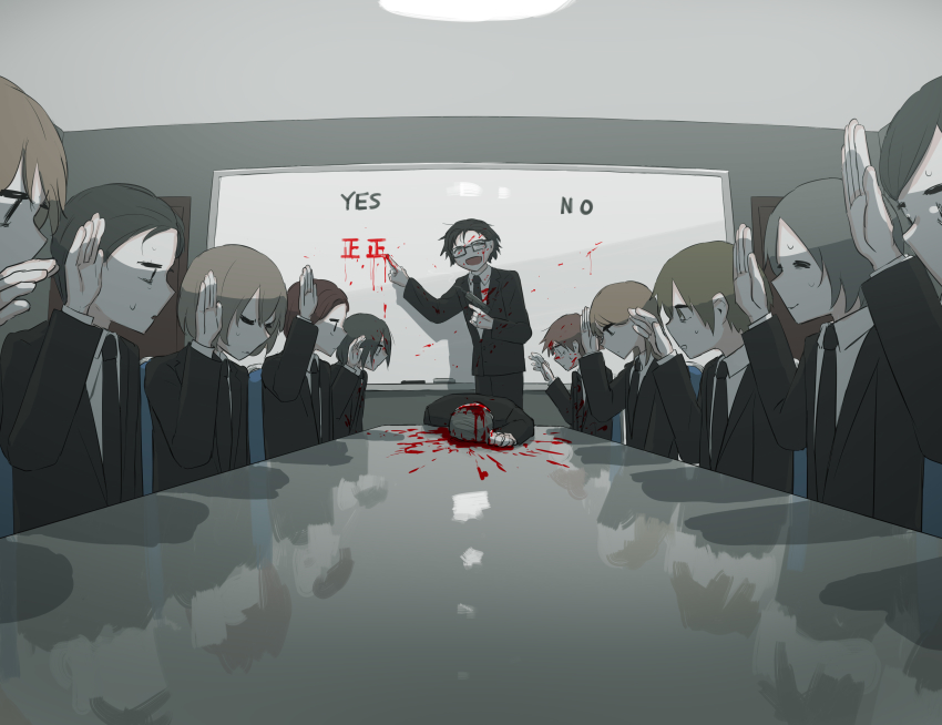 6+boys ^_^ absurdres avogado6 black_hair black_necktie blood blood_on_clothes blood_on_face blood_on_hands blood_splatter blood_writing board brown_hair closed_eyes commentary death false_smile formal_clothes glasses grey_hair gun hand_up handgun highres lapels looking_down meeting multiple_boys murder necktie nervous no notched_lapels original pistol reflection shadow short_hair smile suit surprised sweat tearing_up weapon yes