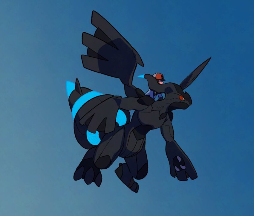 1boy black_eyes blue_background blue_jacket brown_hair claws colored_sclera gen_5_pokemon grey_eyes hat hilbert_(pokemon) jacket legendary_pokemon male_focus nintendo pokemon pokemon_(creature) pokemon_bw red_hat red_sclera riding riding_pokemon tyako_089 zekrom