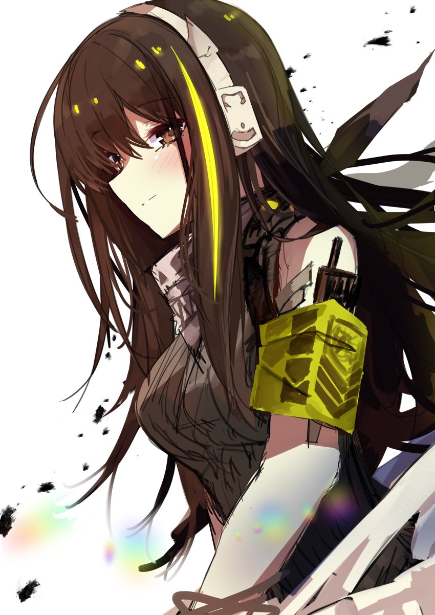 1girl absurdres armband breasts brown_eyes brown_hair girls&#039;_frontline green_hair green_sweater headset highres kamiya_mitobe long_hair m4a1_(girls&#039;_frontline) mask mask_around_neck multicolored_hair simple_background sleeveless sleeveless_sweater solo streaked_hair sweater upper_body