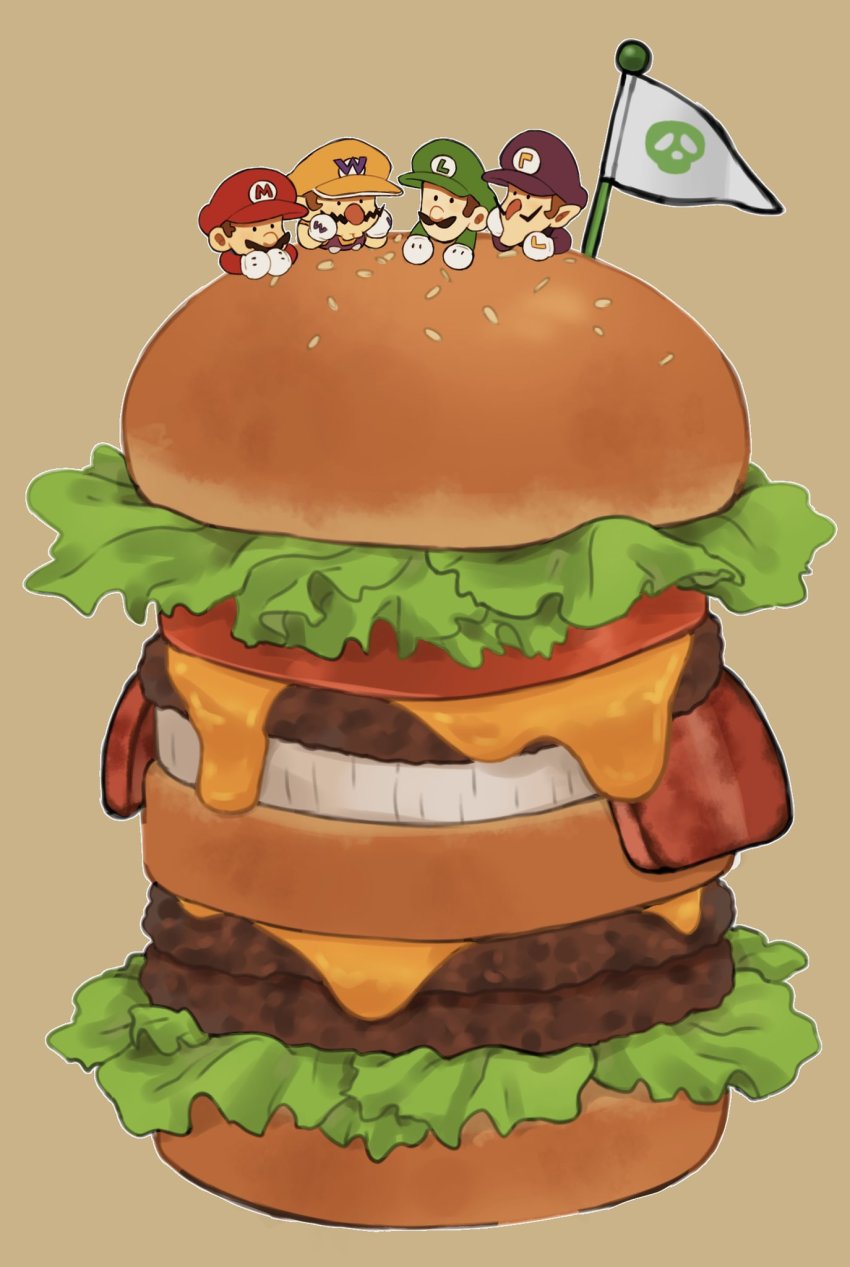 4boys bacon brown_background brown_hair burger cheese chibi facial_hair flag flags_of_all_nations food gloves hat highres lettuce luigi mario mario_(series) mimimim9999 multiple_boys mustache nintendo onion short_hair size_difference string_of_flags tomato waluigi wario