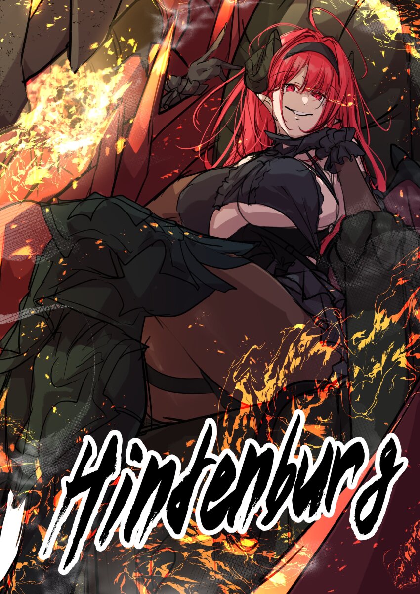 1girl absurdres azur_lane black_gloves black_horns boots breasts character_name crossed_legs curled_horns gloves highres hindenburg_(azur_lane) horns large_breasts oriue_wato parted_lips pointy_ears red_eyes red_hair rigging sketch solo underboob