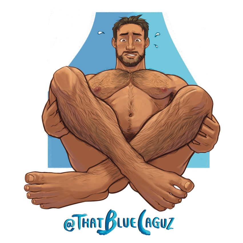 1boy armpit_hair armpit_hair_peek bara beard brown_hair completely_nude convenient_leg coral_island crossed_legs dark-skinned_male dark_skin facial_hair flying_sweatdrops full_beard hairy highres large_pectorals male_focus male_pubic_hair mature_male muscular muscular_male nude pectorals pubic_hair rafael_(coral_island) short_hair sitting solo sparse_navel_hair thatbluelaguz thick_chest_hair thick_eyebrows thick_leg_hair