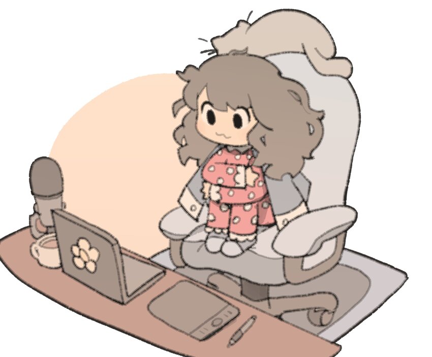 :3 cat chair coat computer cup desk drawing_tablet highres laptop messy_hair microphone mug office_chair original pajamas polka_dot polka_dot_pajamas rug simple_background sitting socks stylus swivel_chair temmie_chang temmie_chang_(character)