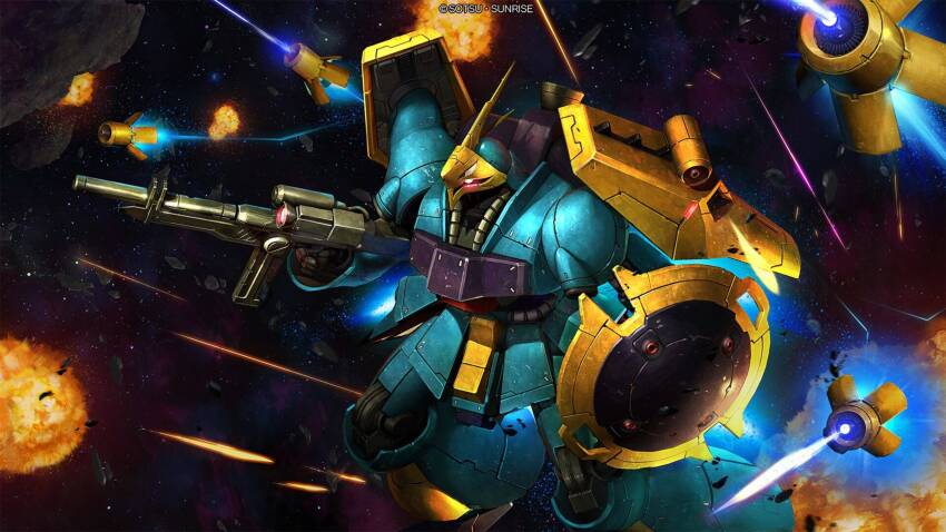 absurdres battle beam_cannon beam_rifle cable char&#039;s_counterattack company_name copyright_notice energy energy_beam energy_gun explosion firing funnels_(gundam) gundam gundam_battle_operation_2 highres holding holding_weapon jagd_doga_gyunei_custom machinery mecha mecha_focus mobile_suit nebula neo_zeon no_humans one-eyed painting_(medium) realistic red_eyes robot scan science_fiction scope shield solo space star_(sky) sunrise_(company) tenjin_hidetaka thrusters traditional_media weapon