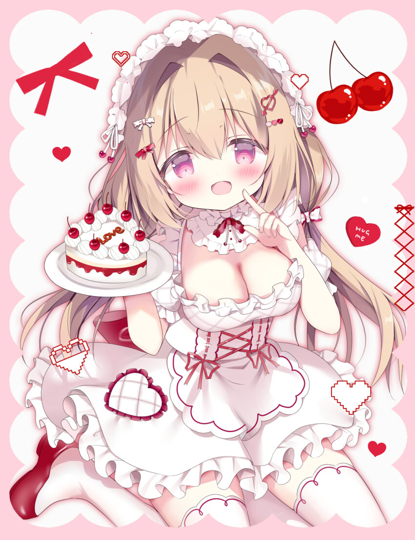 1girl :d apron azumi_kazuki blush breasts brown_hair cake cherry cleavage commentary_request dress food frilled_dress frills fruit hair_between_eyes hair_intakes hands_up heart highres holding holding_plate looking_at_viewer medium_breasts open_mouth original plate puffy_short_sleeves puffy_sleeves red_eyes red_shoes shoes short_sleeves sitting smile solo thighhighs wariza white_apron white_background white_dress white_thighhighs