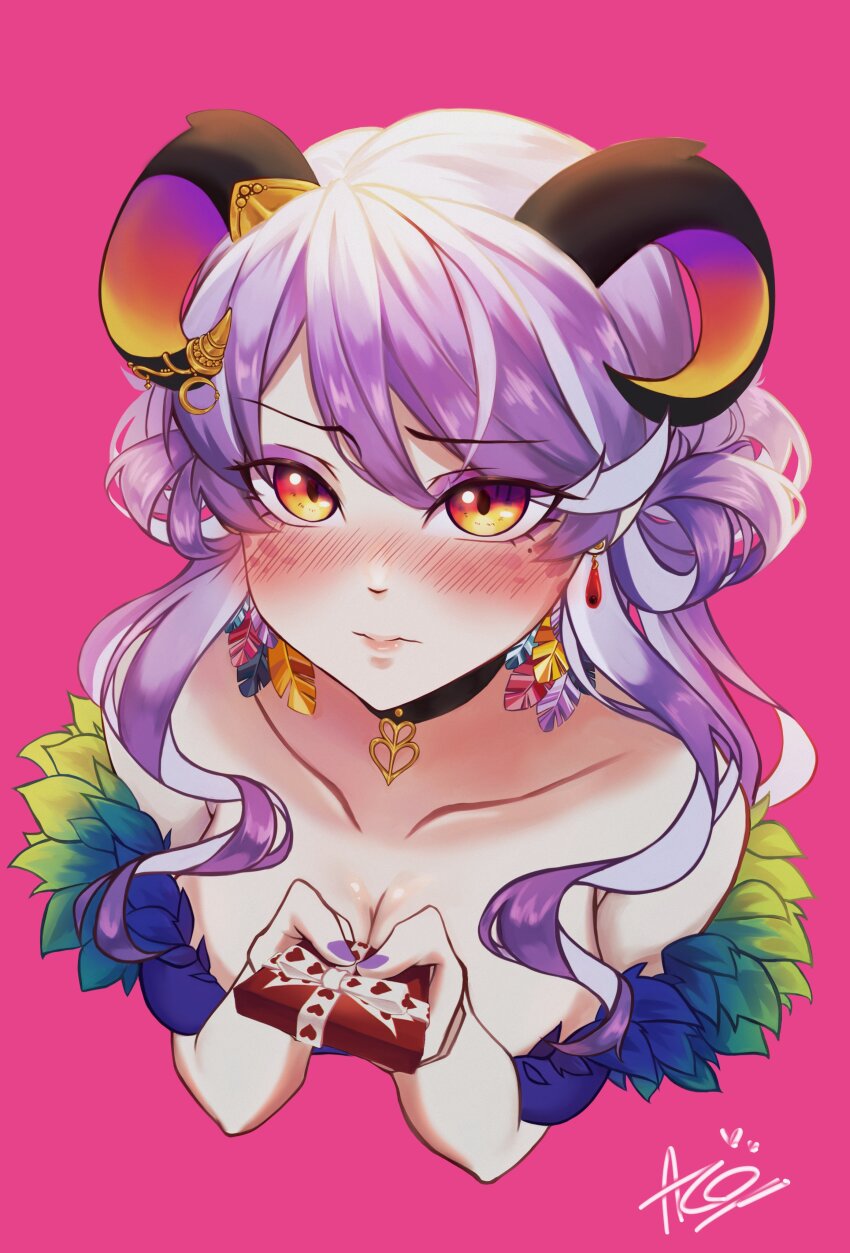 1girl 2024 absurdres aconite_id artist_name birdieboba blush breasts cleavage earrings feathers gift highres horns indie_virtual_youtuber jewelry large_breasts purple_hair purple_nail_polish solo tengu valentine virtual_youtuber yellow_eyes