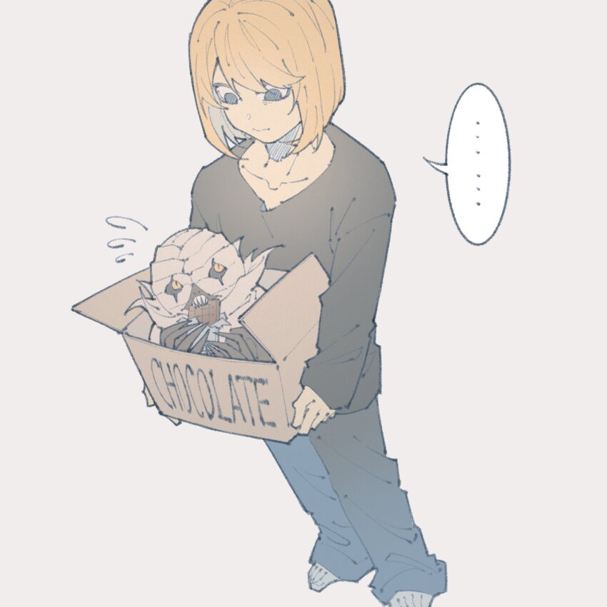 ... 2boys asymmetrical_pants barefoot black_sclera black_shirt blonde_hair blue_eyes box candy cardboard_box chocolate chocolate_bar claws collarbone colored_sclera commentary death_note eating english_text eye_contact flying_sweatdrops food highres holding holding_box long_sleeves looking_at_another male_focus mello_(death_note) multiple_boys pants randyng shirt sidoh_(death_note) simple_background sleeves_past_wrists speech_bubble spoken_ellipsis sweatdrop swept_bangs teeth white_background yellow_eyes