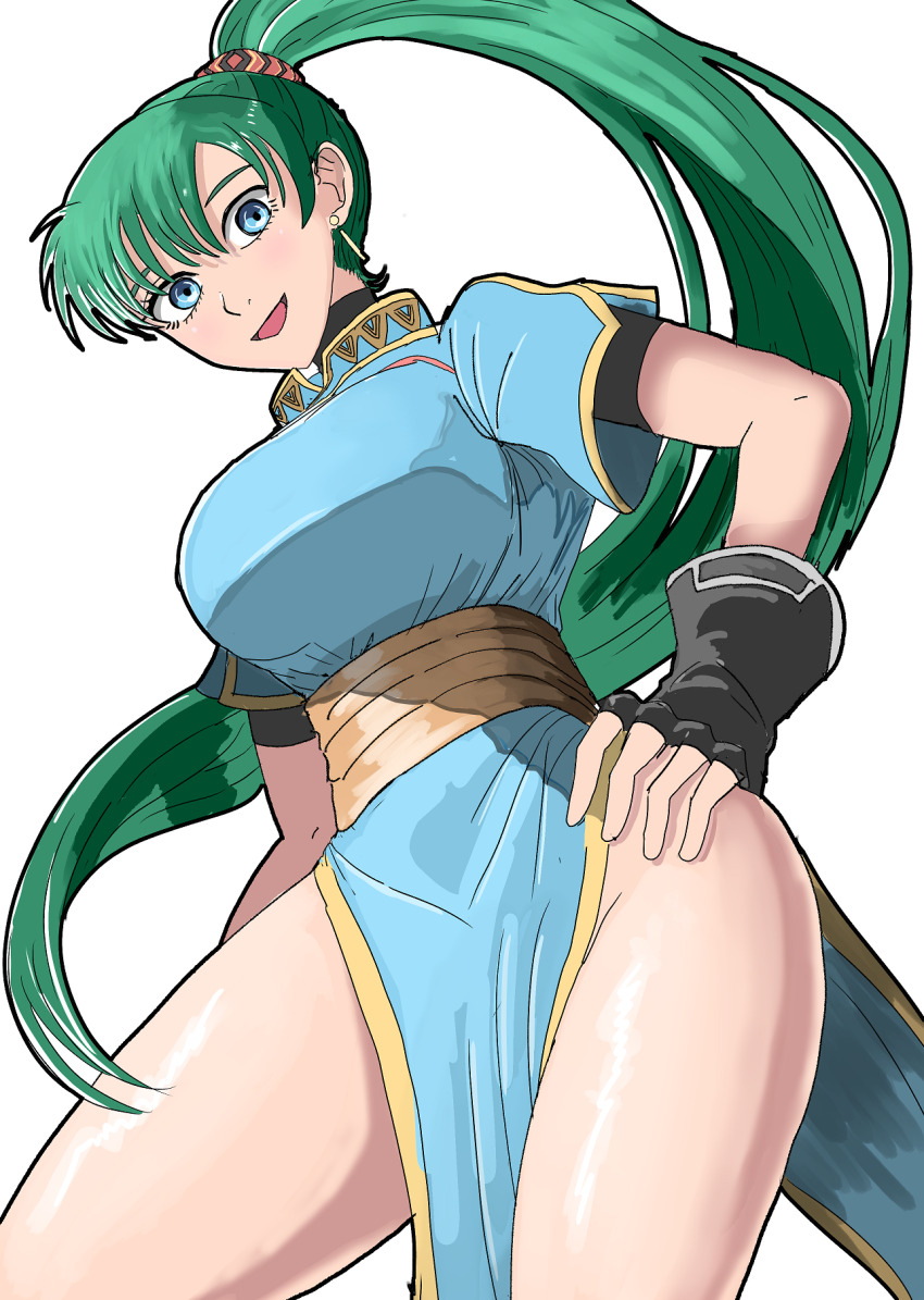 1girl blue_dress breasts dress earrings fingerless_gloves fire_emblem fire_emblem:_the_blazing_blade gloves green_eyes green_hair high_ponytail highres jewelry large_breasts long_hair looking_at_viewer lyn_(fire_emblem) nintendo pelvic_curtain ponytail rope_belt samebousii side_slit solo very_long_hair
