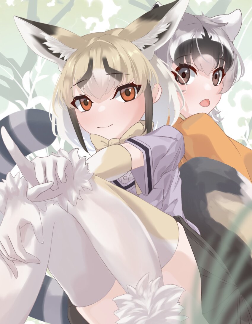 2girls animal_ears back-to-back black_hair blonde_hair bow bowtie brown_eyes brown_hair closed_mouth crab-eating_raccoon_(kemono_friends) day elbow_gloves extra_ears fang fox_ears fox_girl fox_tail fur_trim gloves grey_hair highres index_finger_raised kemono_friends knees_up looking_at_viewer looking_back multicolored_hair multiple_girls open_mouth orange_eyes outdoors outstretched_arm raccoon_ears raccoon_girl raccoon_tail rueppell&#039;s_fox_(kemono_friends) sarutori shirt short_sleeves sitting skirt smile tail thighhighs white_hair