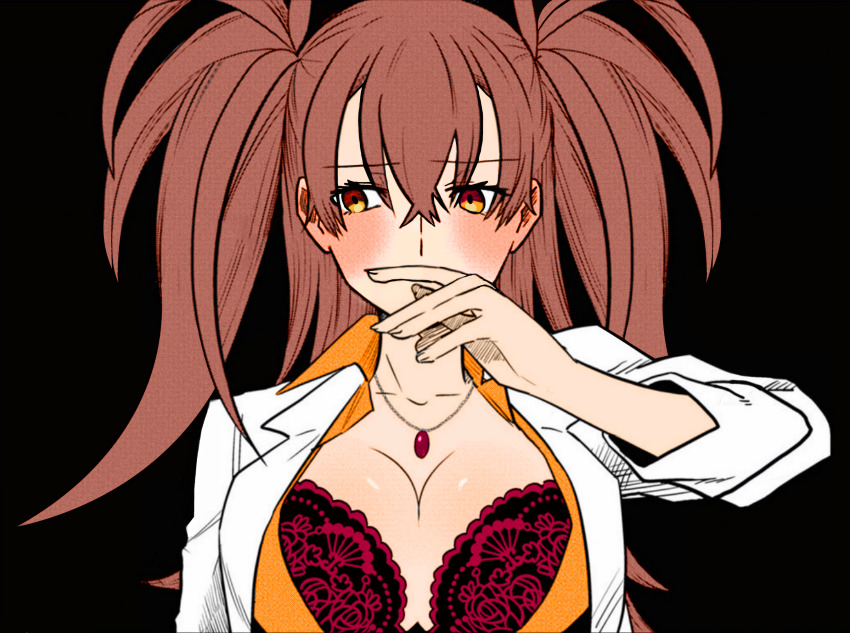 1girl blush bra breasts brown_hair dark_background dr._arach highres lab_coat lace lace_bra large_breasts long_hair looking_to_the_side metarogu non-web_source official_art orange_vest tsukihime tsukihime_(remake) underwear vest yellow_eyes