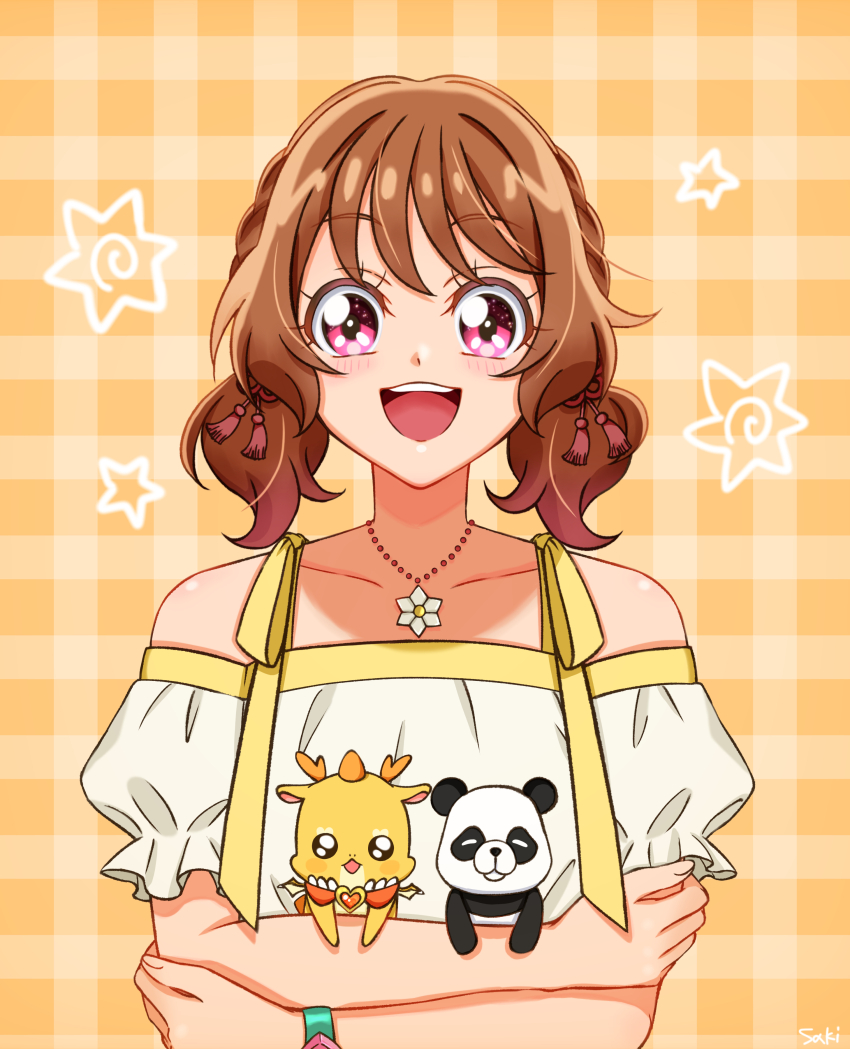 1girl :d absurdres animal blush bow brown_hair collarbone delicious_party_precure dot_nose hanamichi_ran highres holding holding_animal jewelry looking_at_viewer low_twintails mem-mem_(precure) necklace off-shoulder_shirt off_shoulder open_mouth orange_background panda pink_eyes plaid_background precure puffy_short_sleeves puffy_sleeves saki_(pixiv90771732) shirt short_hair short_sleeves short_twintails smile straight-on twintails watch white_shirt wristwatch yellow_bow