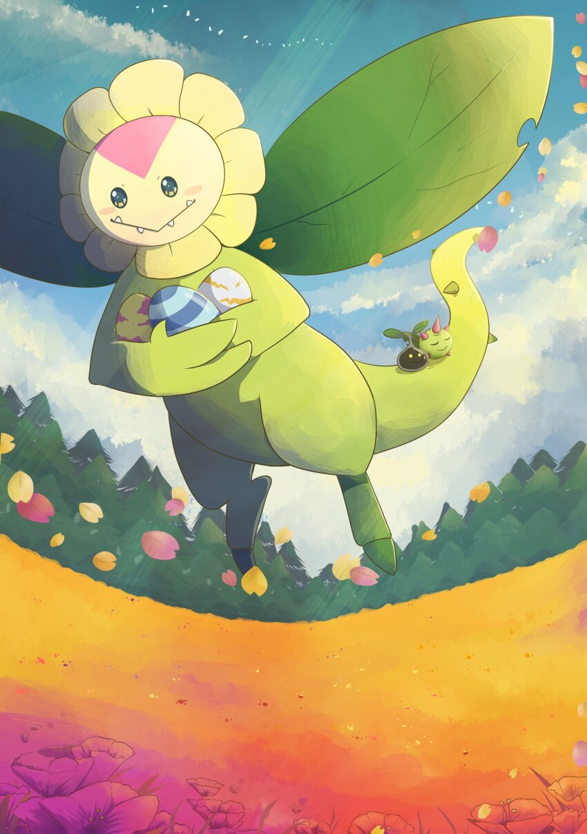 absurdres black_eyes budmon digimon digimon_(creature) digitama egg fang highres horns nord_(kalkkopf) nyokimon spikes sunflowmon tail