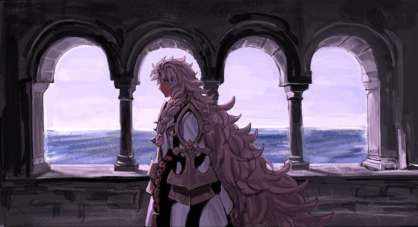 1boy braid dark-skinned_male dark_skin fate/grand_order fate_(series) highres long_hair long_sleeves looking_at_viewer male_focus ocean profile robe single_braid sky solo solomon_(fate) ux_xu_gaogao very_long_hair white_hair yellow_eyes