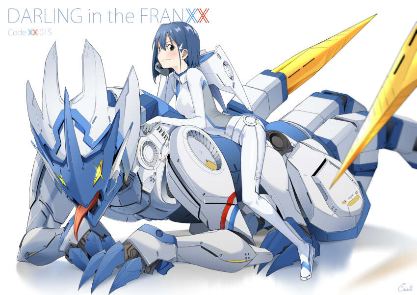 1girl :| blue_hair blush bob_cut bodysuit breasts character_name chicke_iii closed_mouth commentary copyright_name darling_in_the_franxx delphinium_(darling_in_the_franxx) from_side full_body green_eyes hair_between_eyes hair_ornament hairclip highres hood hood_down ichigo_(darling_in_the_franxx) leaning_forward looking_at_viewer looking_to_the_side mecha mecha_pilot_suit on_mecha parasite_suit_(darling_in_the_franxx) reflection robot serious short_hair small_breasts solo symbol-only_commentary tongue tongue_out v-shaped_eyebrows white_background white_bodysuit
