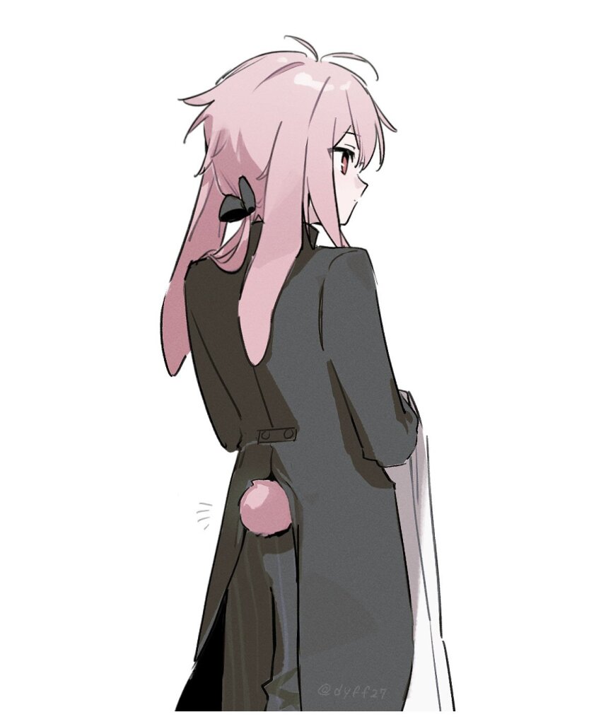 1boy animal_ears ansel_(arknights) ansel_(nighttime_cafe)_(arknights) antenna_hair arknights black_bow black_jacket bow butler closed_mouth from_behind grey_pants hair_bow highres jacket long_hair male_focus odjikasu pants pink_hair pinstripe_pants pinstripe_pattern profile rabbit_boy rabbit_ears rabbit_tail red_eyes simple_background solo tail white_background