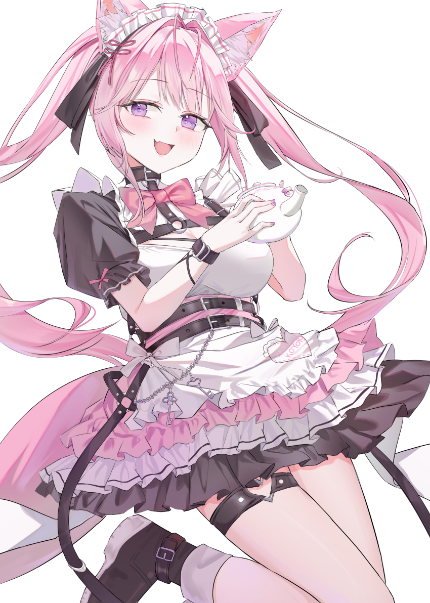 1girl absurdres animal_ears apron black_bow black_choker black_dress blush bow breasts cat_ears choker dress frilled_apron frilled_dress frills hakui_koyori hanamaru_tsubaki highres holding holding_teapot hololive large_breasts looking_at_viewer maid maid_apron maid_headdress pink_hair purple_eyes short_sleeves simple_background smile solo teapot thigh_strap twintails virtual_youtuber waist_apron white_apron white_background wrist_cuffs