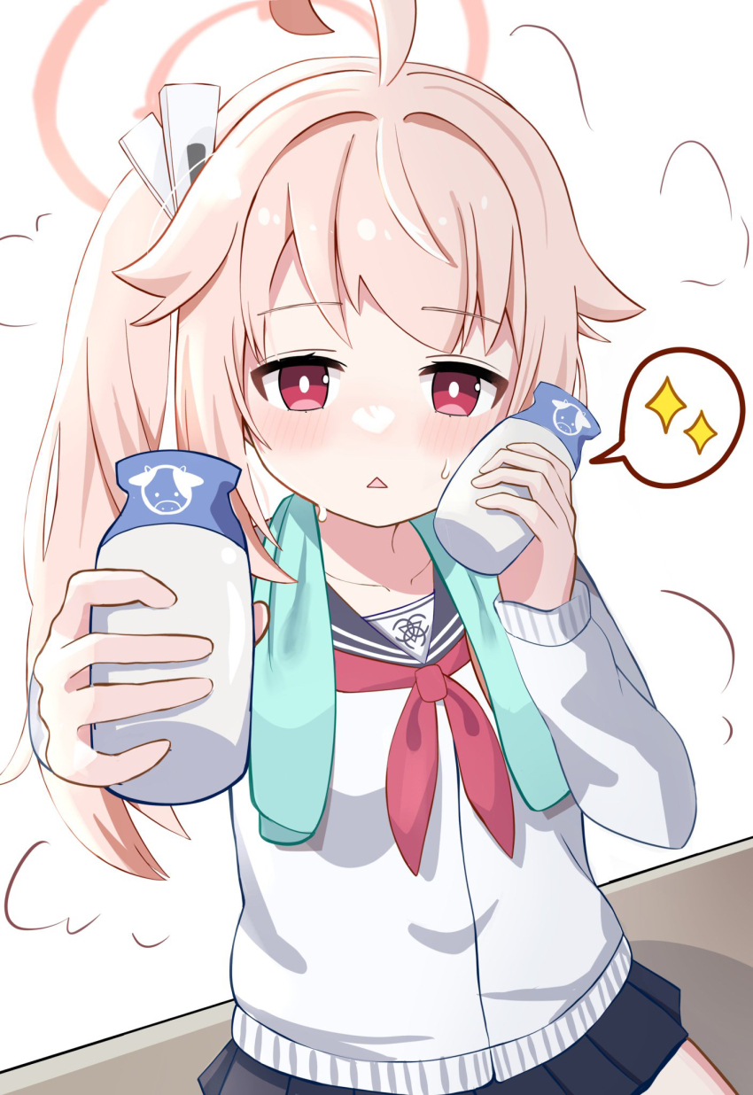 1girl ahoge aoraine black_sailor_collar black_skirt blue_archive blush bottle bright_pupils cardigan commentary_request halo highres holding holding_bottle incoming_gift long_hair looking_at_viewer milk_bottle miniskirt natsu_(blue_archive) neckerchief open_mouth pink_hair pink_halo reaching reaching_towards_viewer red_eyes red_neckerchief sailor_collar school_uniform serafuku side_ponytail simple_background skirt solo sparkle speech_bubble spoken_sparkle sweat towel towel_around_neck triangle_mouth upper_body white_background white_cardigan white_pupils