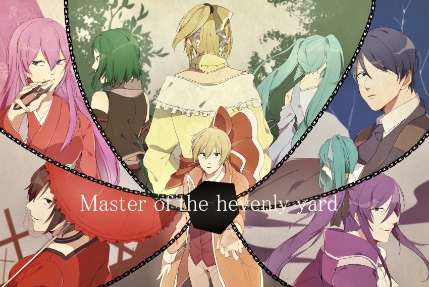 allen_avadonia aqua_hair asterisk_(oa_ir) banica_conchita blonde_hair blue_hair chain clockworker&#039;s_doll coat cube doll evillious_nendaiki from_behind gallerian_marlon green_hair gumi hakaba_no_aruji hand_up hatsune_miku highres holding holding_umbrella houtei_no_nushi kagamine_len kagamine_rin kaito_(vocaloid) kamui_gakupo long_hair master_of_the_heavenly_yard_(vocaloid) megurine_luka meiko_(vocaloid) pink_hair ponytail purple_hair riliane_lucifen_d&#039;autriche sateriasis_venomania short_hair smile sudou_kayo twintails typo umbrella vocaloid