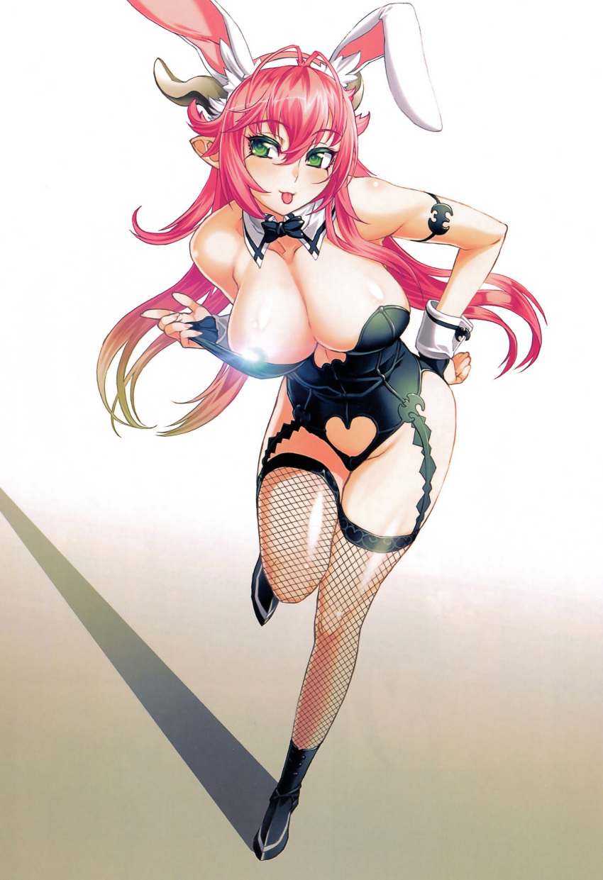 1girl absurdres animal_ears arm_strap asmodeus_(sin_nanatsu_no_taizai) asmodeus_(the_seven_deadly_sins) bow bowtie breasts censored clothing_cutout demon_girl demon_horns fake_animal_ears female_focus fishnet_thighhighs fishnets garter_straps gloves green_eyes heart_cutout highres horns large_breasts lens_flare leotard long_hair nishii_(damnedrive) nitroplus official_art pink_hair playboy_bunny pointy_ears rabbit_ears rabbit_girl shoes sin_nanatsu_no_taizai solo the_seven_deadly_sins thighhighs tongue tongue_out wrist_cuffs
