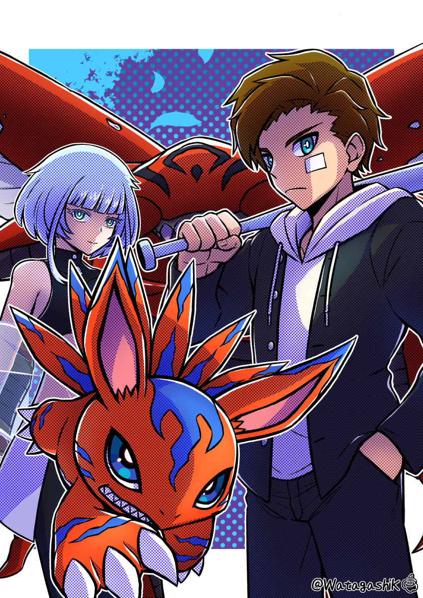 absurdres baseball_bat black_jacket black_shirt blue_eyes blue_hair brown_hair bug cowboy_shot crop_top digimon digimon_(creature) digimon_paradox elecmon eve_(digimon) group_picture halftone highres holding holding_baseball_bat hood hoodie jacket kuwagamon red_fur sharp_teeth shinonome_reiji shirt short_hair teeth twitter_username watagashikn white_hoodie