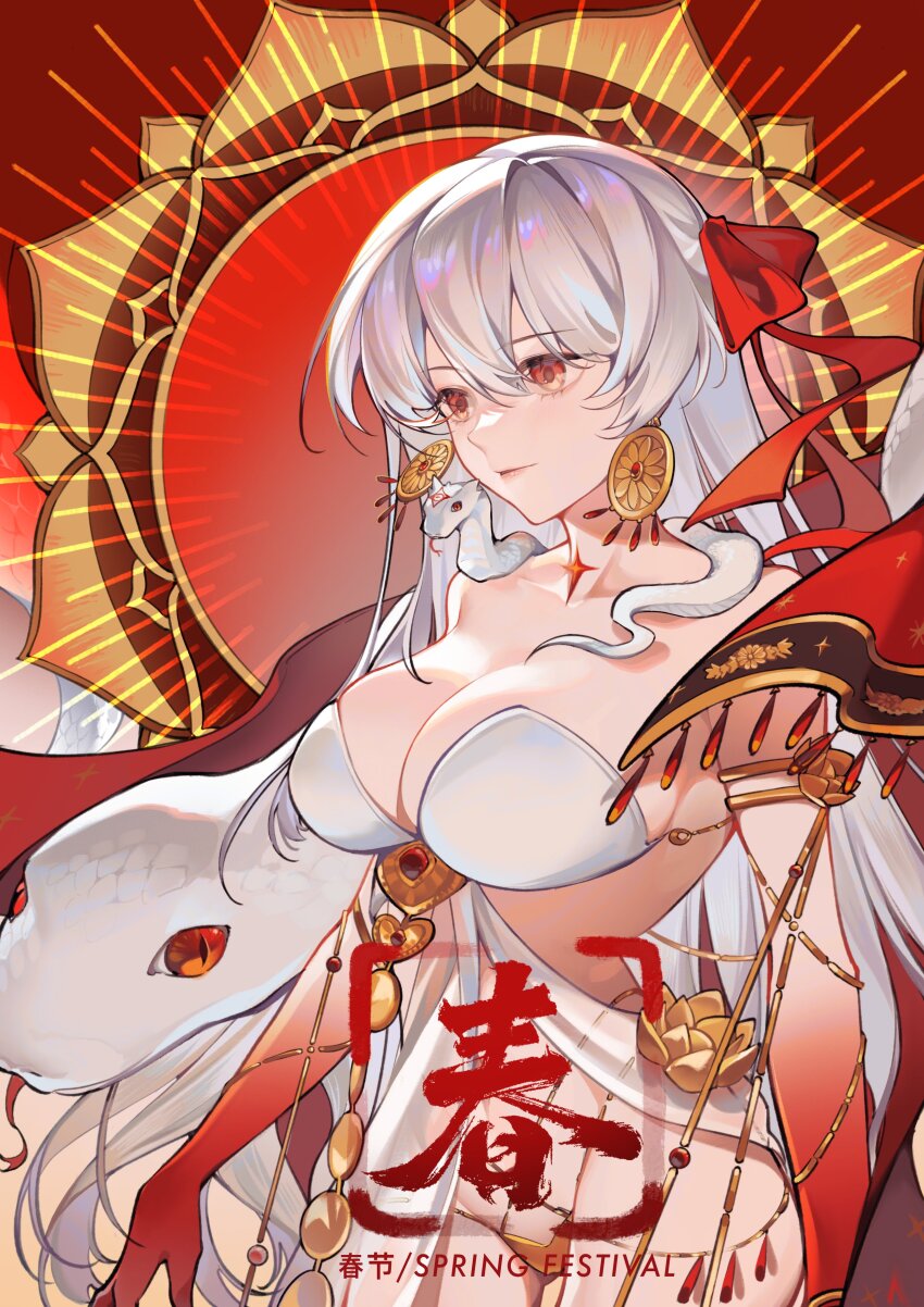 1girl absurdres amiably_02 breasts cleavage colored_skin durga_(fate) durga_(first_ascension)_(fate) earrings fate/grand_order fate_(series) hair_ribbon highres jewelry large_breasts long_hair red_eyes red_skin ribbon snake snake_wrapped_around_neck white_hair