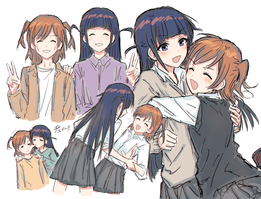 2girls :d =_= ^_^ aijou_karen alternate_costume arched_bangs biting biting_cheek black_vest brown_hair brown_jacket bullfalk cardigan closed_eyes collared_shirt commentary_request dress_shirt green_shirt grey_cardigan grey_skirt grin hand_on_another&#039;s_shoulder highres hug jacket long_hair long_sleeves medium_hair miniskirt multiple_girls multiple_views open_clothes open_jacket open_mouth pleated_skirt purple_eyes purple_hair purple_shirt school_uniform shirt shoujo_kageki_revue_starlight skirt smile t-shirt three-quarter_sleeves tsuyuzaki_mahiru two_side_up v v-shaped_eyebrows vest white_shirt yellow_shirt