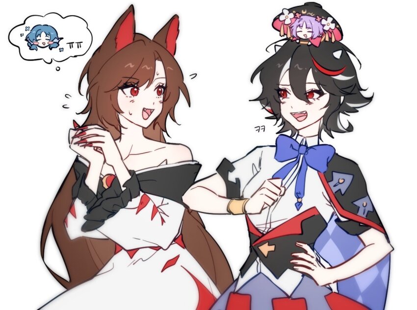 3girls adapted_costume animal_ears black_cape black_hair blue_bow blue_bowtie blush bow bowl bowl_hat bowtie breasts brooch brown_hair cape commentary_request cone_horns dress eye_contact fangs fingernails flying_sweatdrops frilled_sleeves frills hand_on_own_hip hat horns imaizumi_kagerou jewelry kijin_seija korean_commentary long_fingernails long_hair long_sleeves looking_at_another mini_person minigirl multicolored_cape multicolored_hair multiple_girls off-shoulder_dress off_shoulder on_head open_mouth own_hands_together person_on_head purple_cape red_eyes red_hair red_nails seijamom shirt small_horns smile streaked_hair sukuna_shinmyoumaru sweat touhou touhou_gensou_eclipse very_long_hair wakasagihime white_hair white_horns white_shirt wide_sleeves wolf_ears