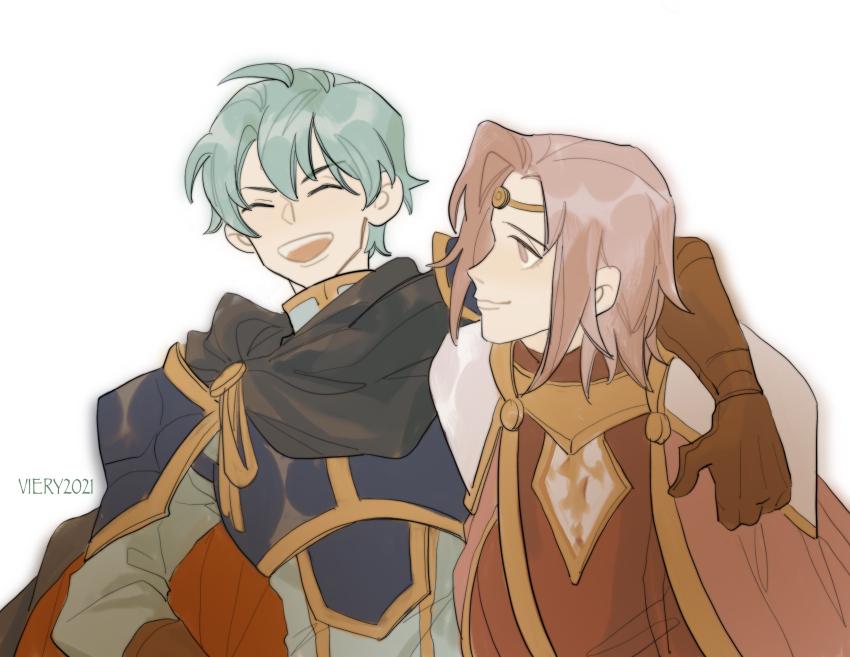 2boys :d absurdres aqua_hair arm_around_shoulder armor artist_name black_cape breastplate brown_gloves cape cloak closed_eyes curtained_hair drop_shadow ephraim_(fire_emblem) fire_emblem fire_emblem:_the_sacred_stones gloves gold_trim green_shirt hair_between_eyes hand_on_own_hip high_collar highres julianlynnnn long_sleeves looking_at_another lyon_(fire_emblem) male_focus medium_hair multiple_boys nintendo open_mouth parted_bangs pauldrons pink_cloak pink_hair red_robe robe shirt short_hair shoulder_armor simple_background smile teeth upper_teeth_only v-shaped_eyebrows white_background