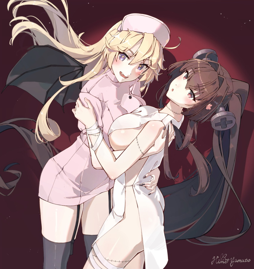 2girls alternate_costume ass bat_wings black_garter_straps black_thighhighs blonde_hair breast_press breasts brown_hair cherry_blossoms cosplay dress fake_wings fangs flower frankenstein frankenstein&#039;s_monster frankenstein&#039;s_monster_(cosplay) garter_straps hair_flower hair_intakes hair_ornament halloween_costume hat highres himeyamato hug iowa_(kancolle) kantai_collection large_breasts long_hair looking_at_viewer multiple_girls nurse nurse_cap object_through_head pink_dress ponytail purple_eyes red_eyes screw_in_head short_dress sidelocks star-shaped_pupils star_(symbol) stitches symbol-shaped_pupils symmetrical_docking thighhighs very_long_hair wings yamato_(kancolle) yuri
